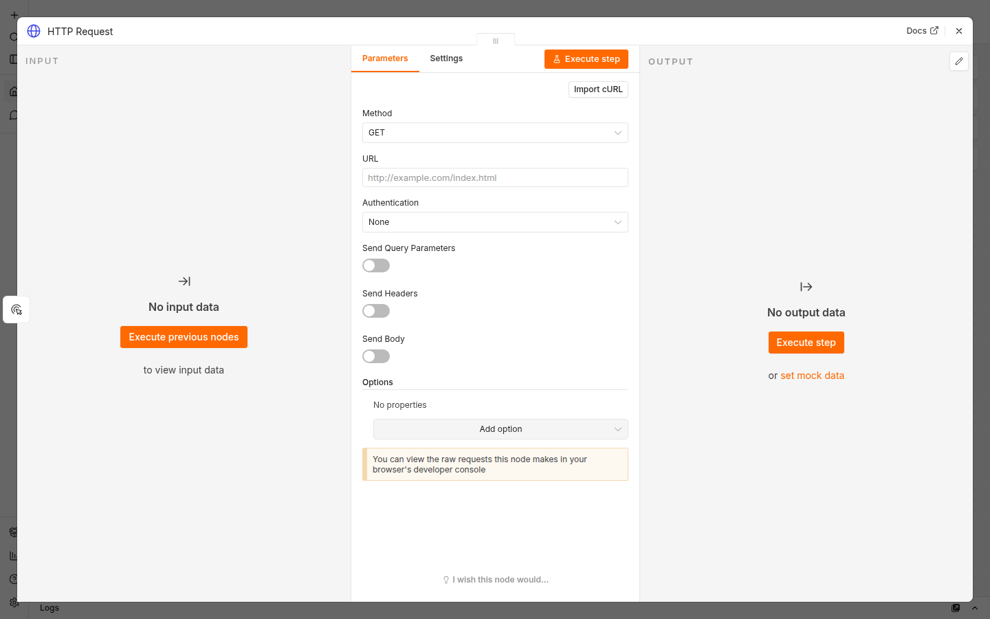 HTTP Request 노드 설정 패널 — Method GET, URL 입력란, Authentication None, Send Query Parameters·Headers·Body 토글