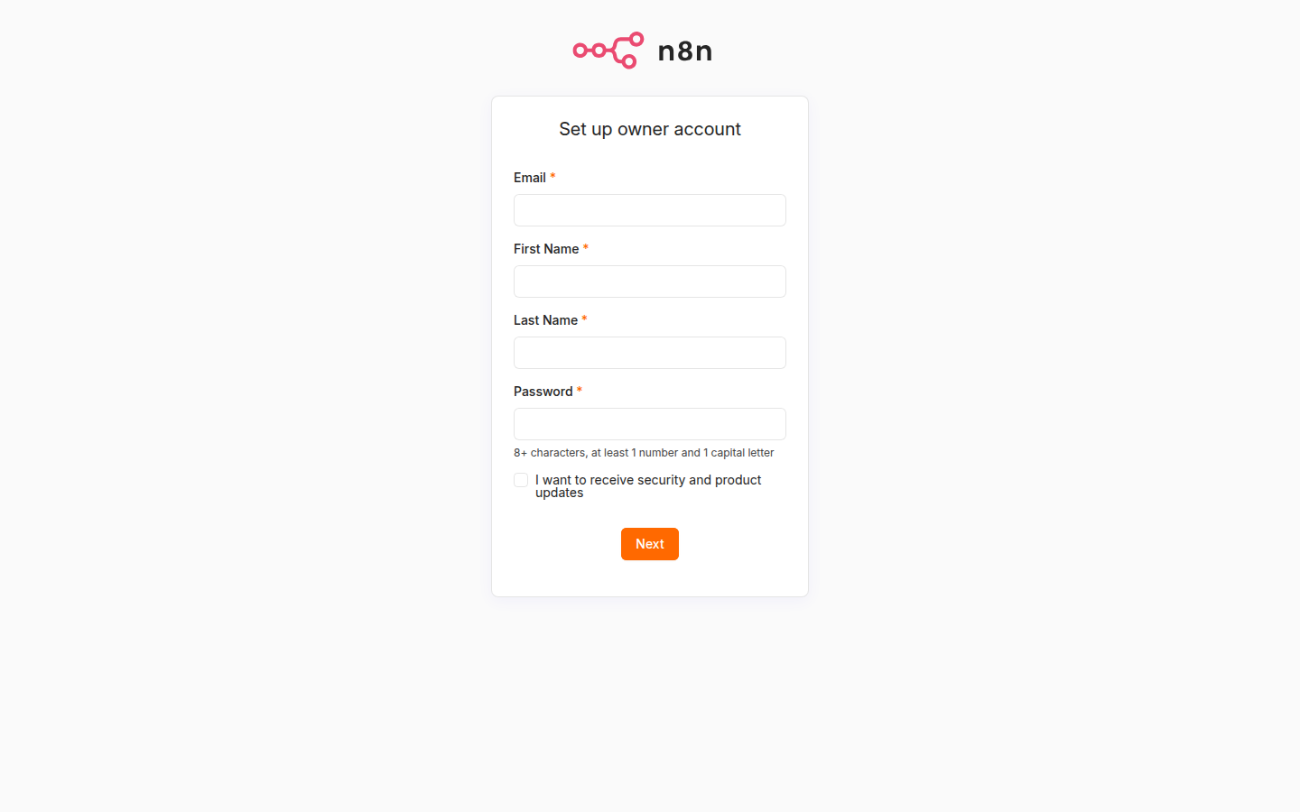 n8n Owner 계정 생성 폼 — Email, First Name, Last Name, Password 입력 필드
