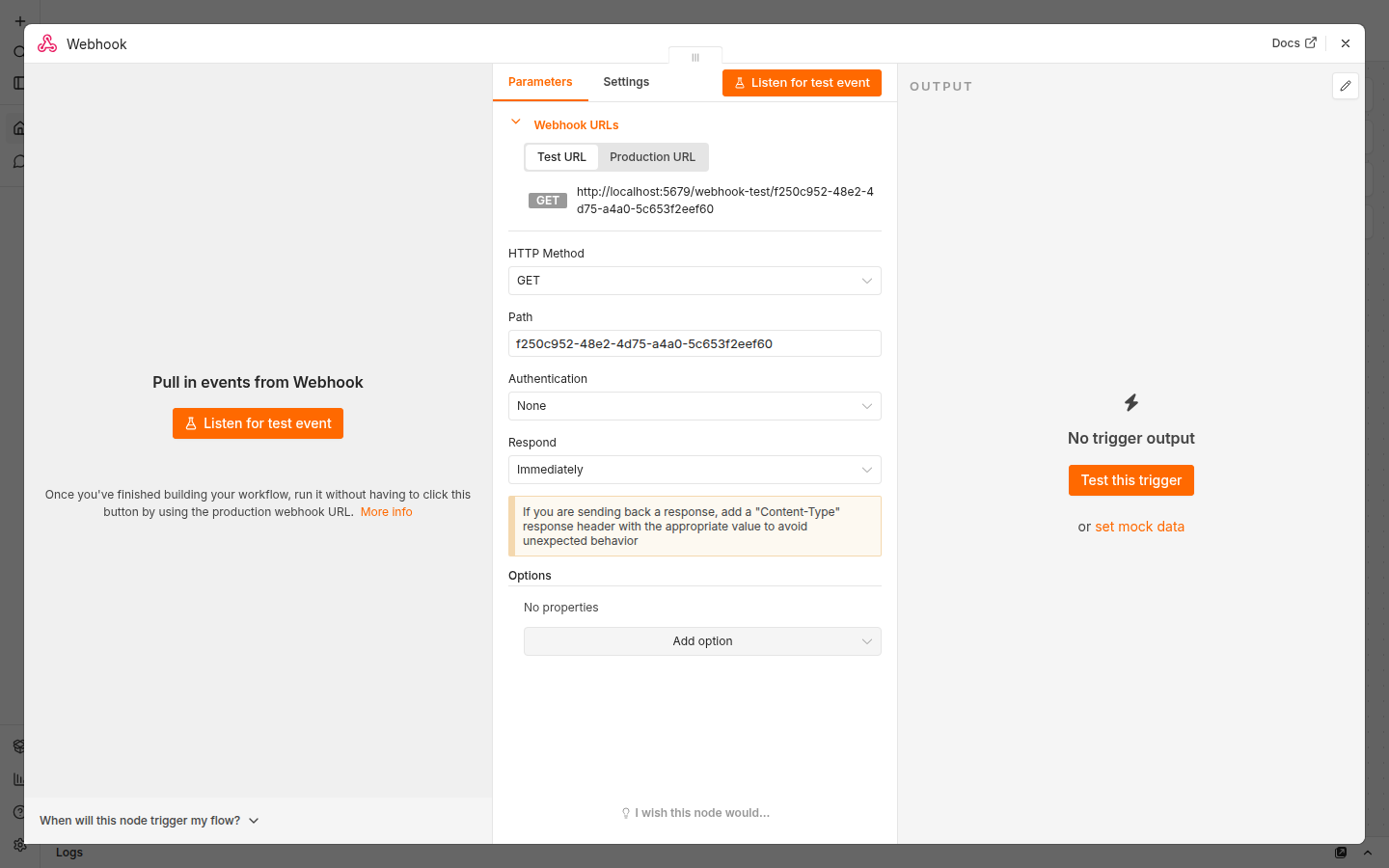 Webhook 노드 설정 패널 — Test URL과 Production URL 토글, GET 메서드, 자동 생성된 Path UUID, Authentication 옵션