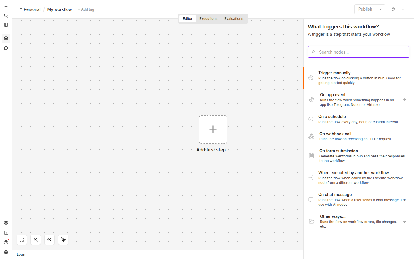 n8n 트리거 선택 패널 — Trigger manually, On app event, On a schedule, On webhook call, On form submission 등 7가지 옵션 나열