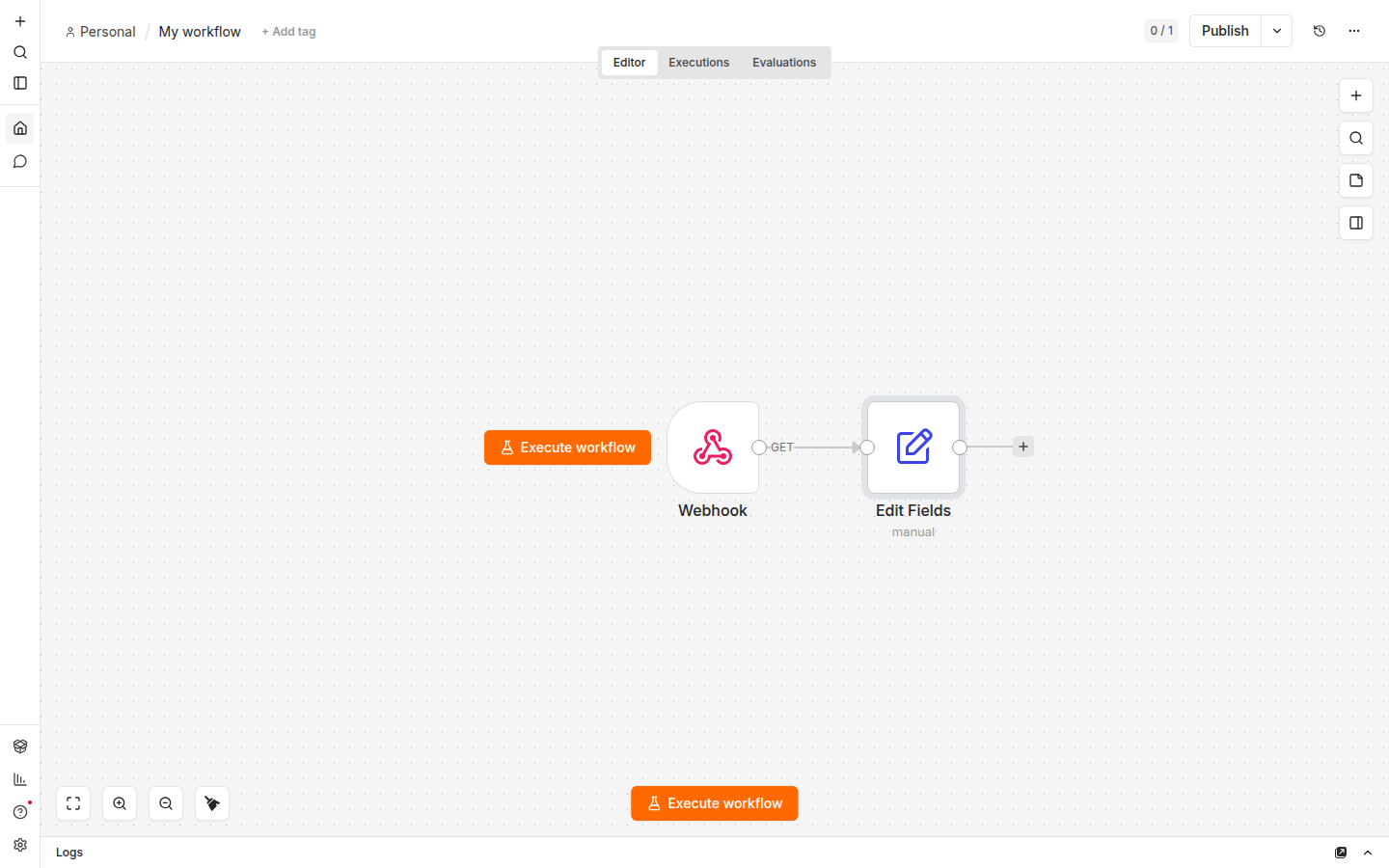Webhook 트리거 + Set 노드 두 개가 캔버스에 연결된 모습