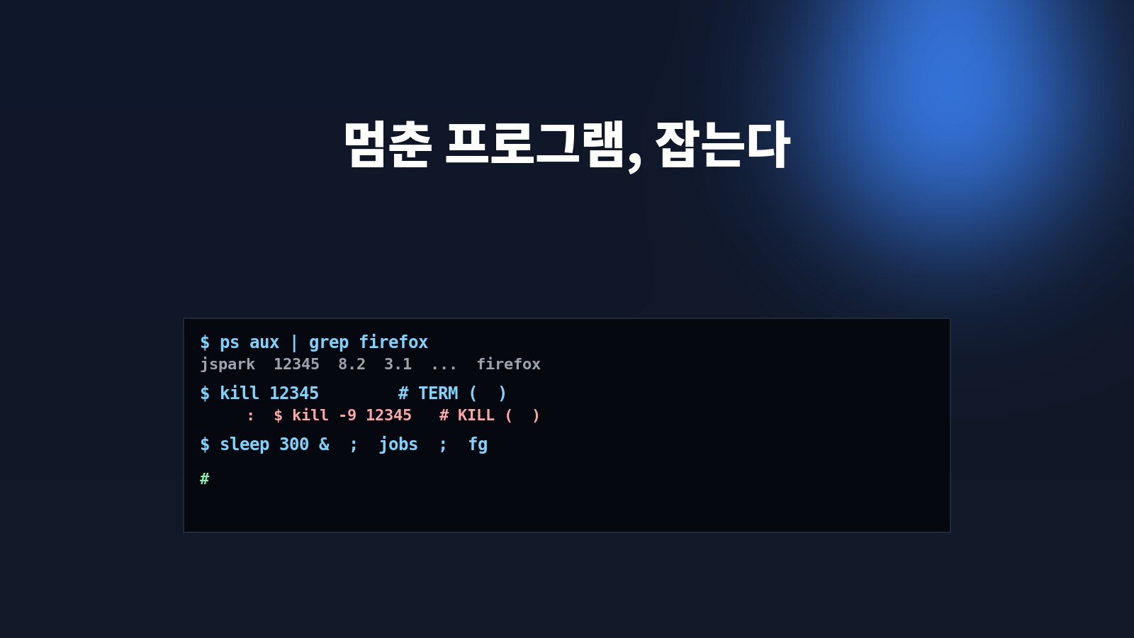 터미널에 top·ps·kill 명령으로 프로세스를 관리하는 화면 — 리눅스 프로세스 관리를 상징하는 일러스트