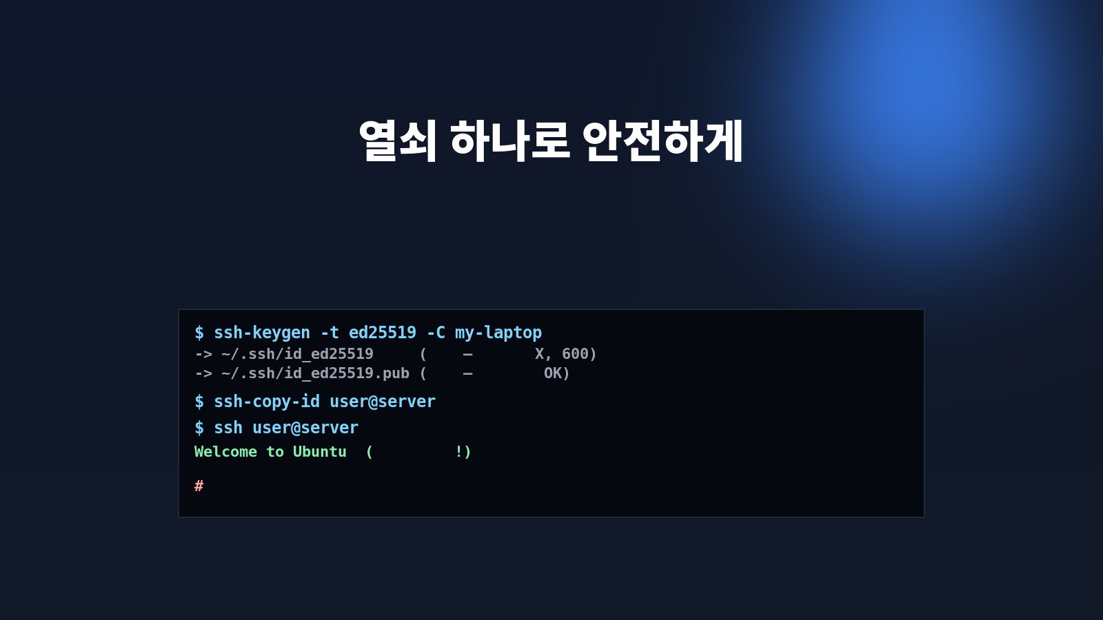 터미널에 ssh-keygen·ssh-copy-id 명령으로 SSH 키를 설정하는 화면 — SSH 키 설정을 상징하는 일러스트