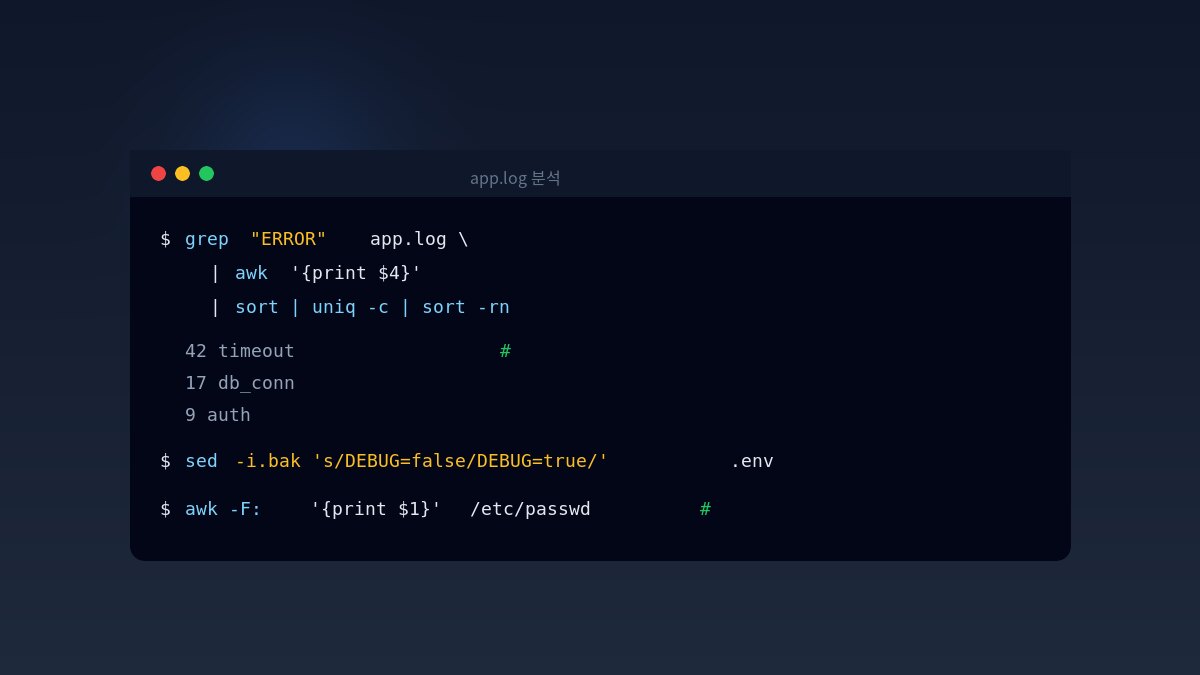 app.log 를 grep | awk | sort | uniq 로 분석하고 sed -i.bak 으로 설정 파일을 바꾸는 터미널 화면 일러스트 — grep·sed·awk 실전을 상징