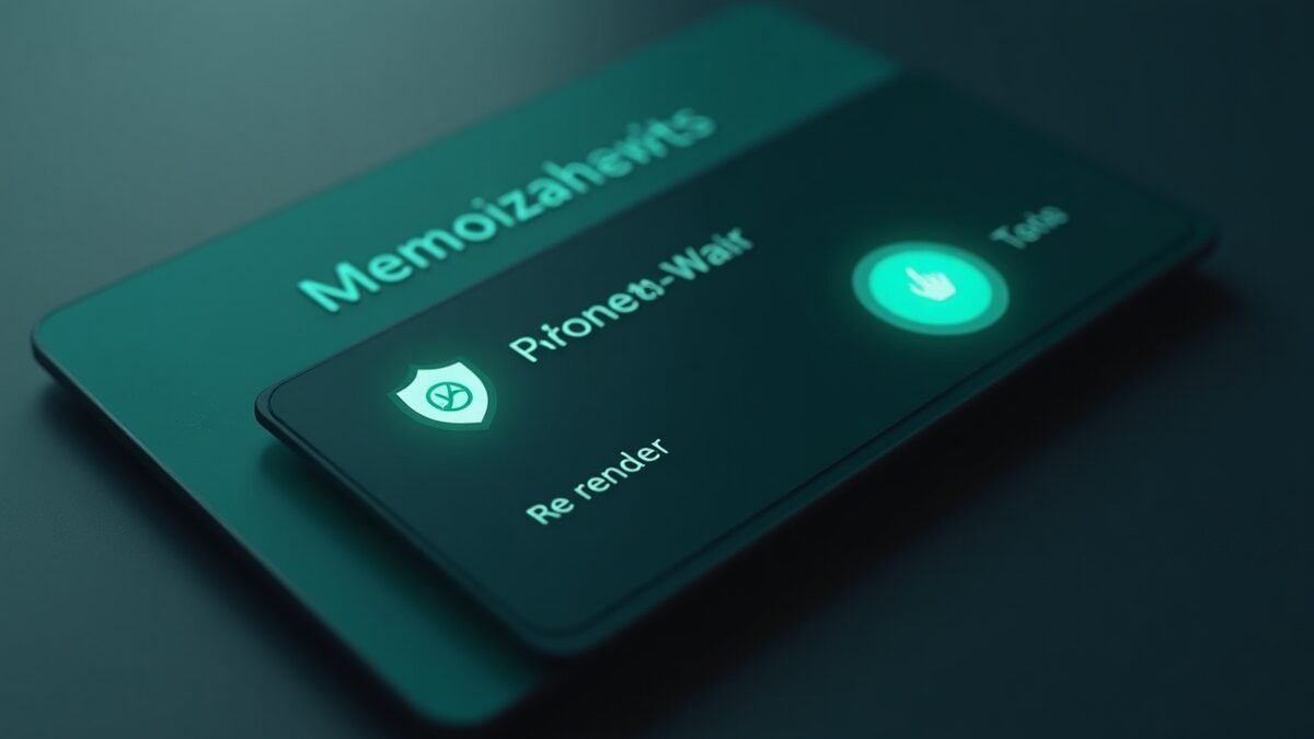 memoization 방패와 재렌더 카운터가 있는 UI 카드 일러스트 — 성능 최적화 컨셉