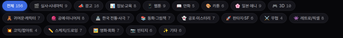 튜브지니 스타일 라이브러리의 카테고리 칩. 칩마다 개수 숫자가 붙어 있다